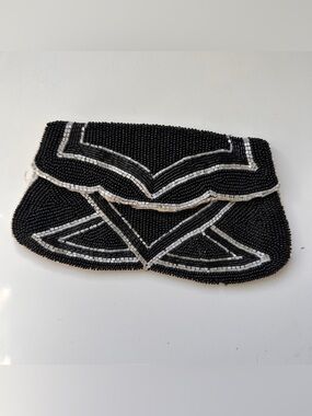 Vintage black beaded envelope handbag clutch purse art deco mid century